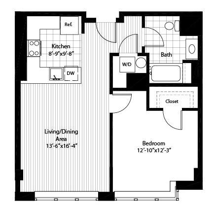 Floor plan for 1 bed, 1 bath, 724 sqft